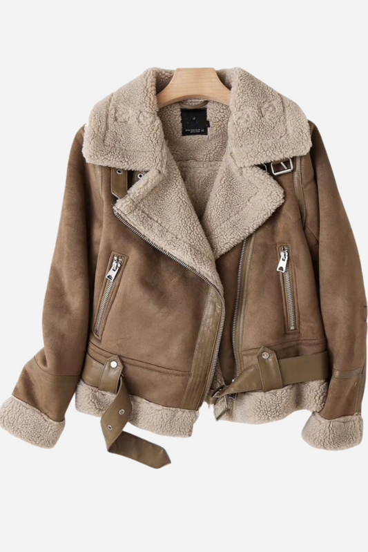 Maya | Faux Suede Shearling Jacket for Women – Warm & Stylish Biker Coat